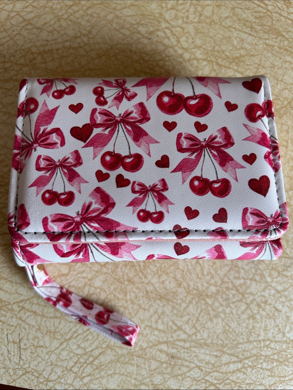 Cherry Bow Print Wristlet Wallet in Pink & White